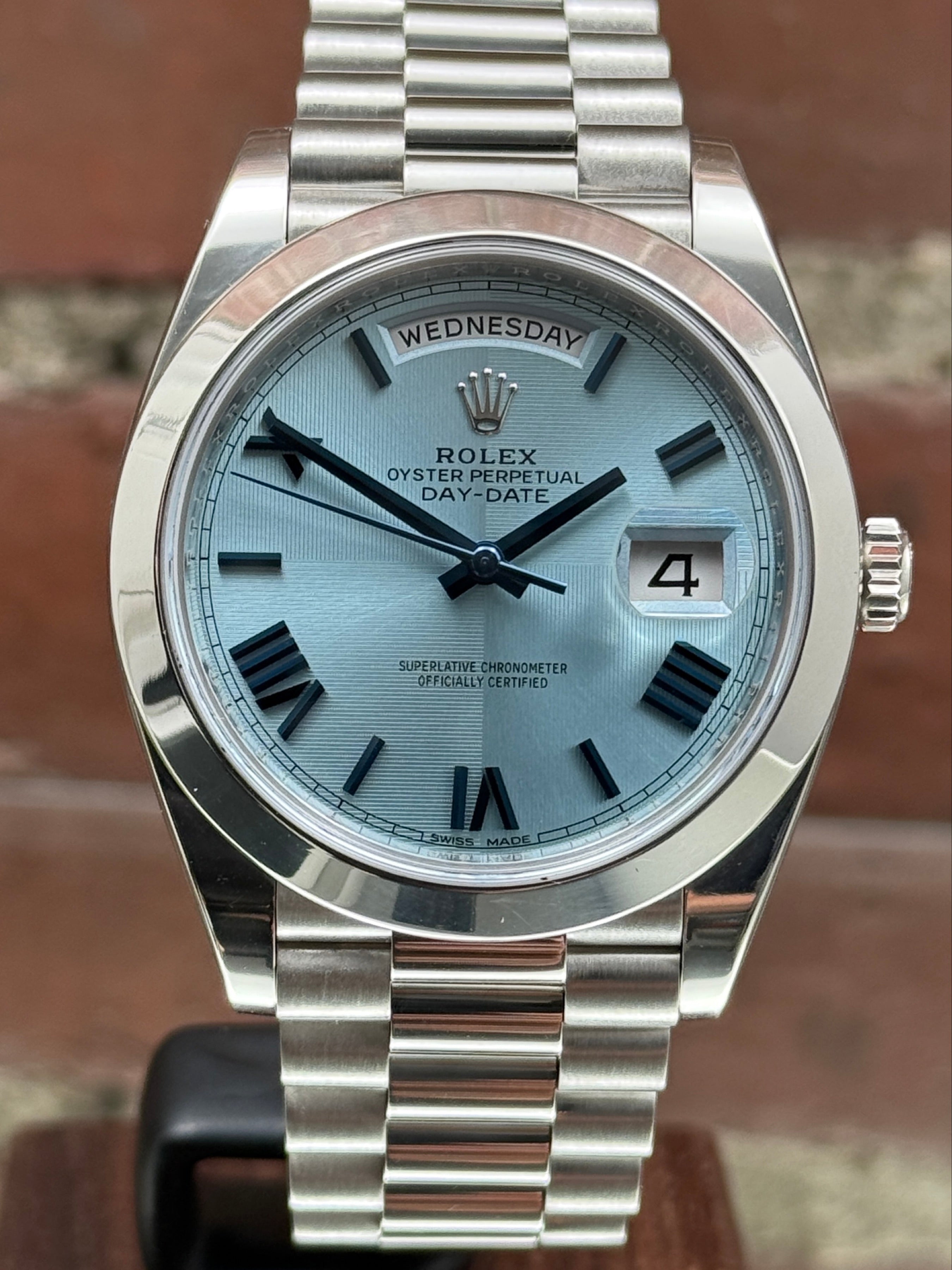 Pre-owned Rolex Day-Date 40 228206 | Platinum Ice Blue