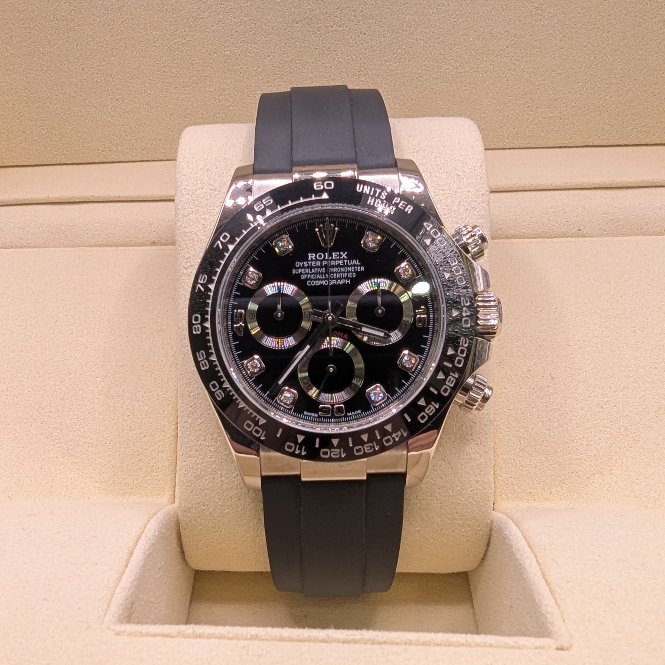 Rolex Daytona, 18k White Gold, Factory Black Diamond Dial on Oysterflex (Ref. 116519LN)