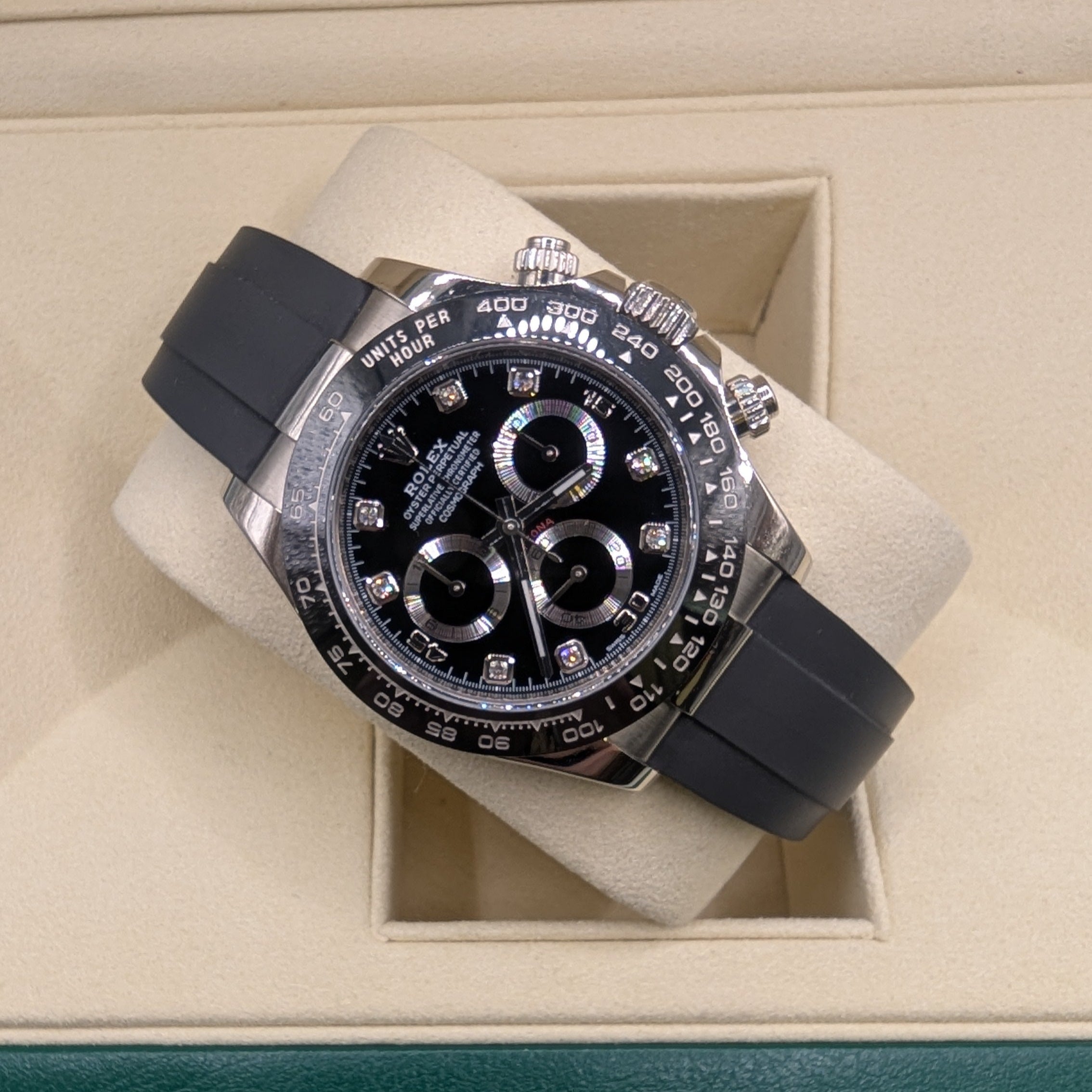 Rolex Daytona, 18k White Gold, Factory Black Diamond Dial on Oysterflex (Ref. 116519LN)