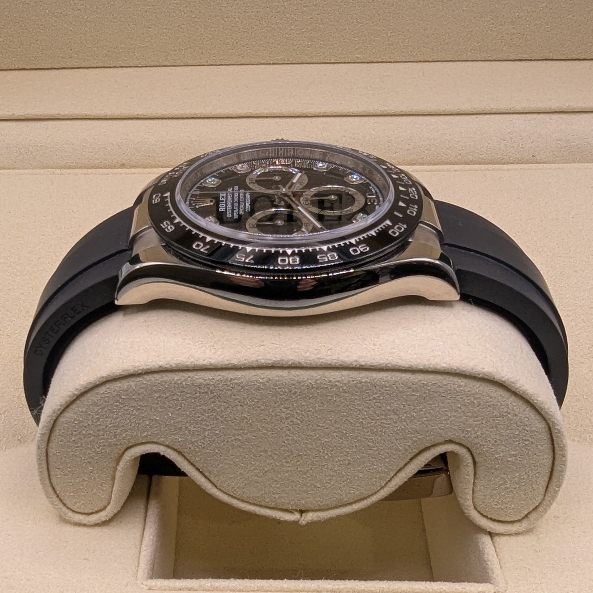 Rolex Daytona, 18k White Gold, Factory Black Diamond Dial on Oysterflex (Ref. 116519LN)