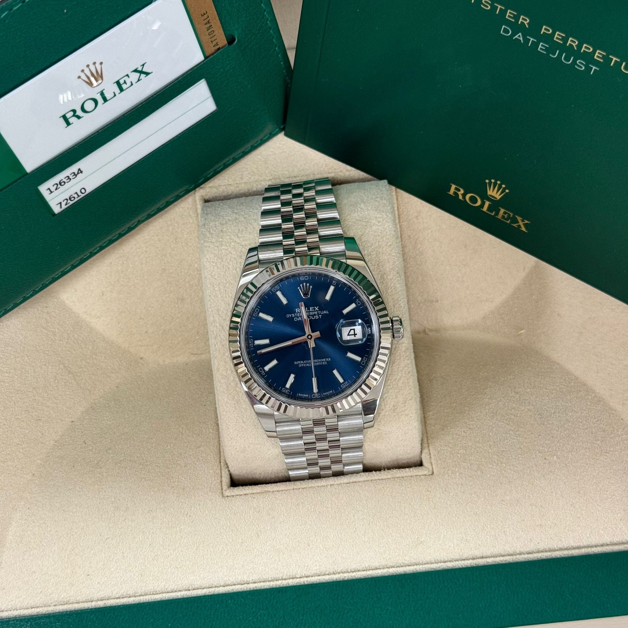 Rolex DateJust 41 Blue Stick, Stainless Steel/18k White Gold Fluted Bezel (Ref. 126334)