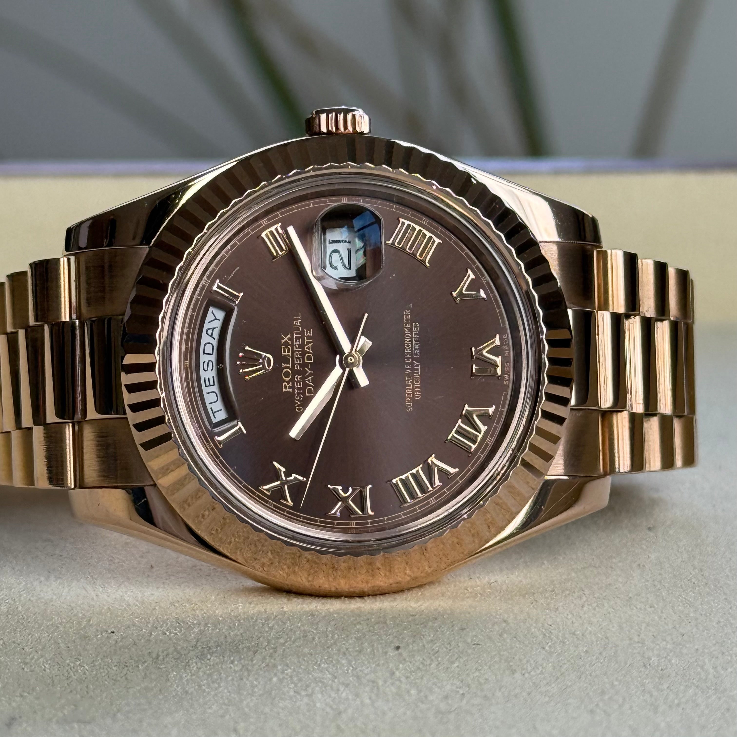 Rolex Day Date II Chocolate Roman Dial 218235