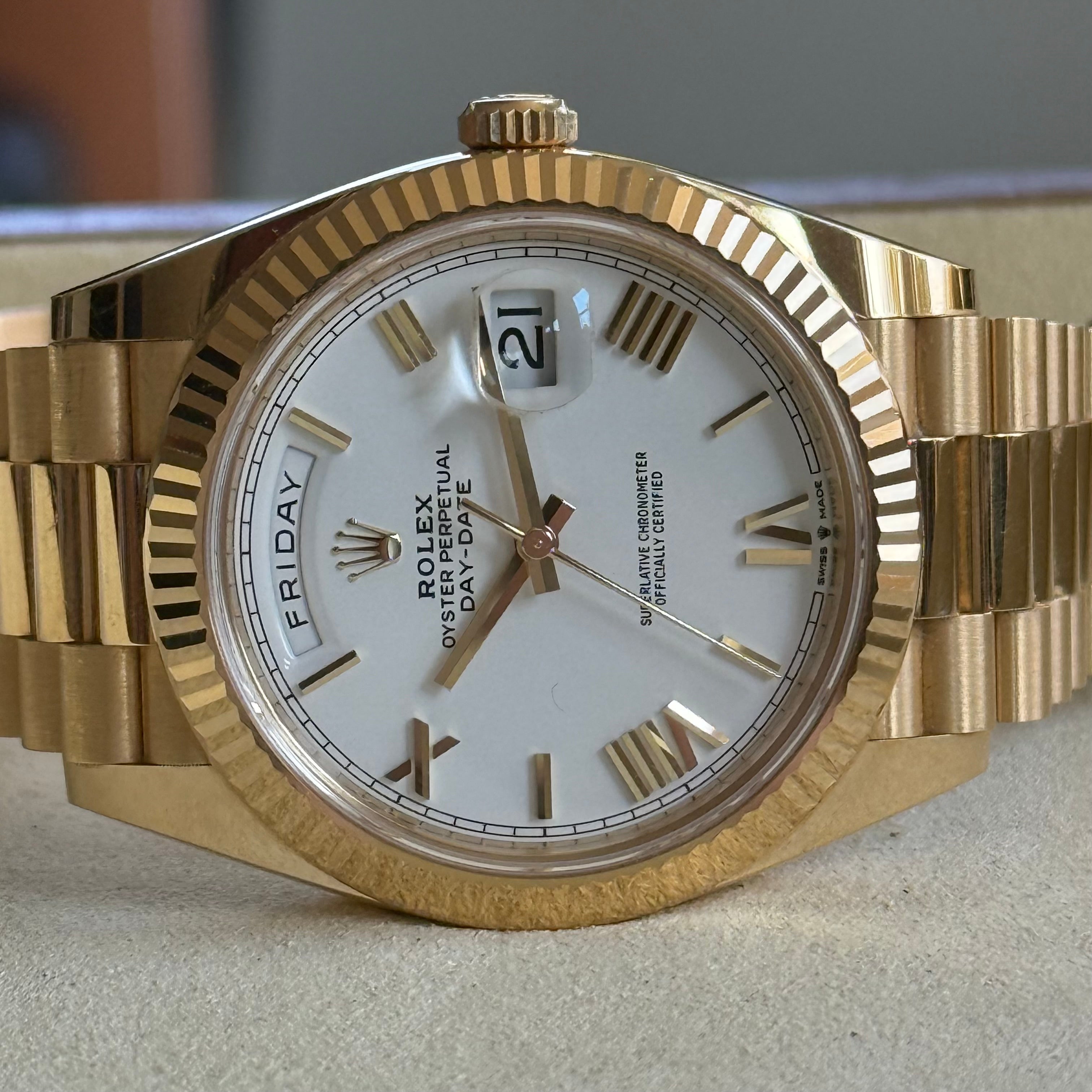 Rolex Day-Date 40 White Bevelled Roman Dial 228238