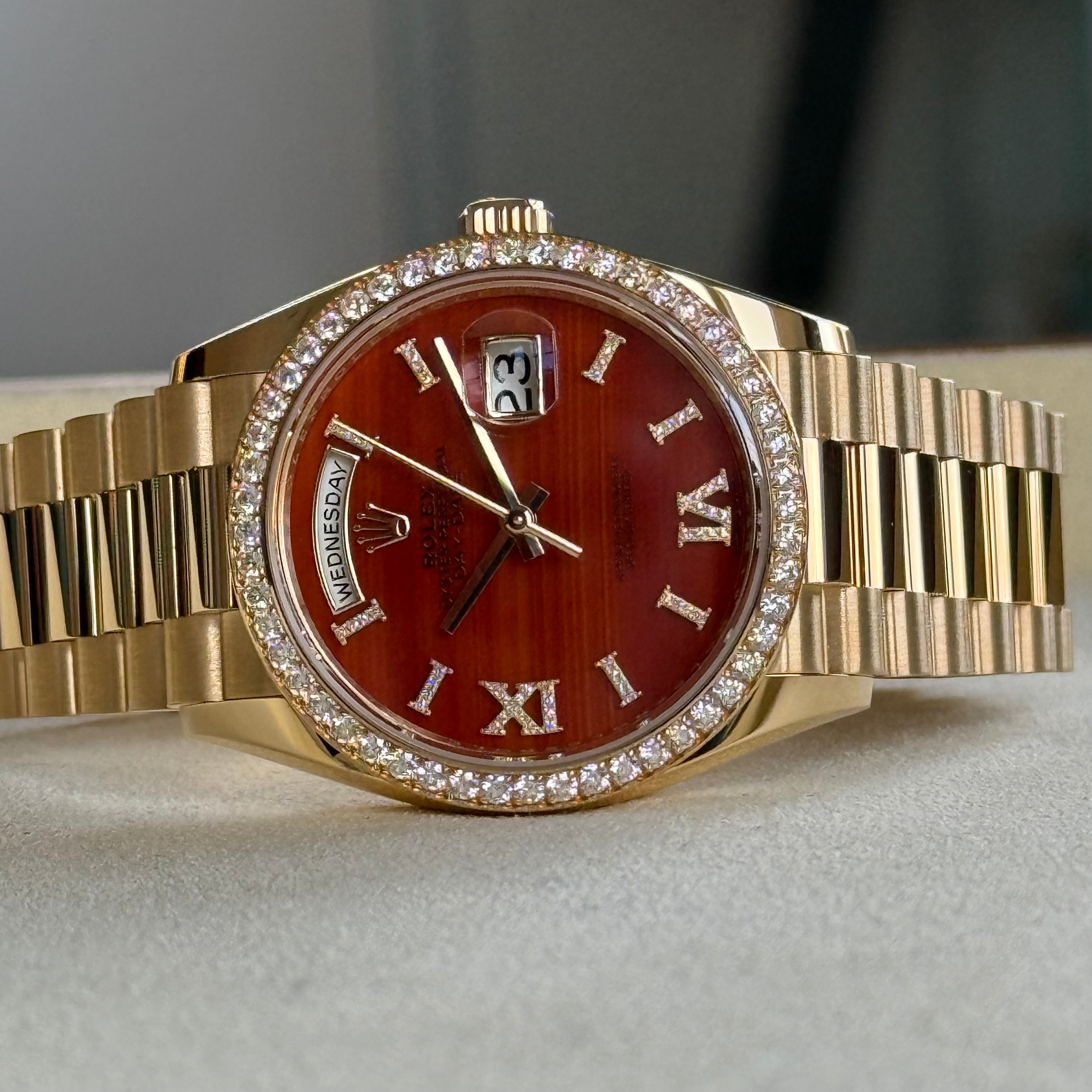 Rolex Day-Date 36 Carnelian Diamond Index Roman 9 Dial 128348rbr