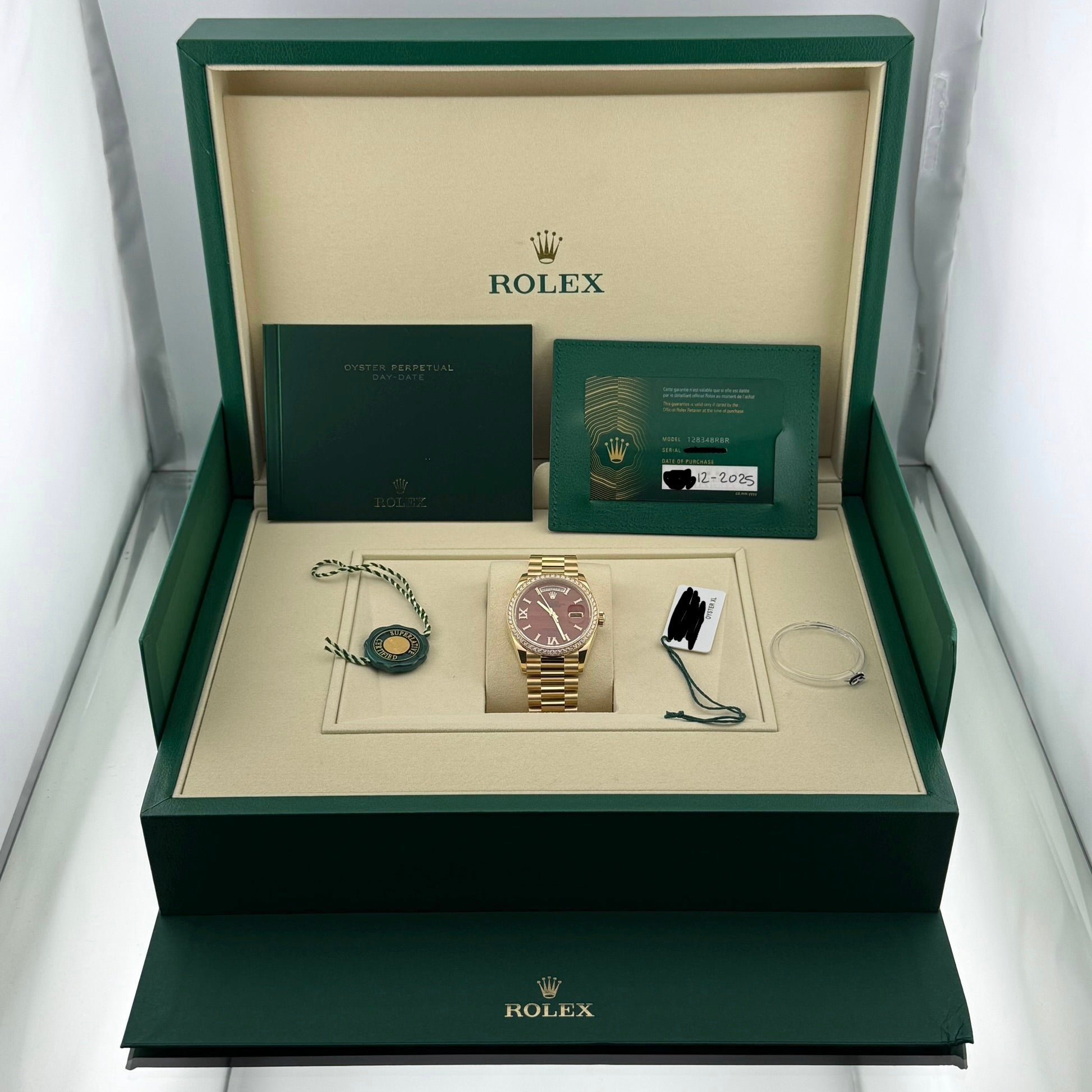 Rolex Day-Date 36 Carnelian Diamond Index Roman 9 Dial 128348rbr