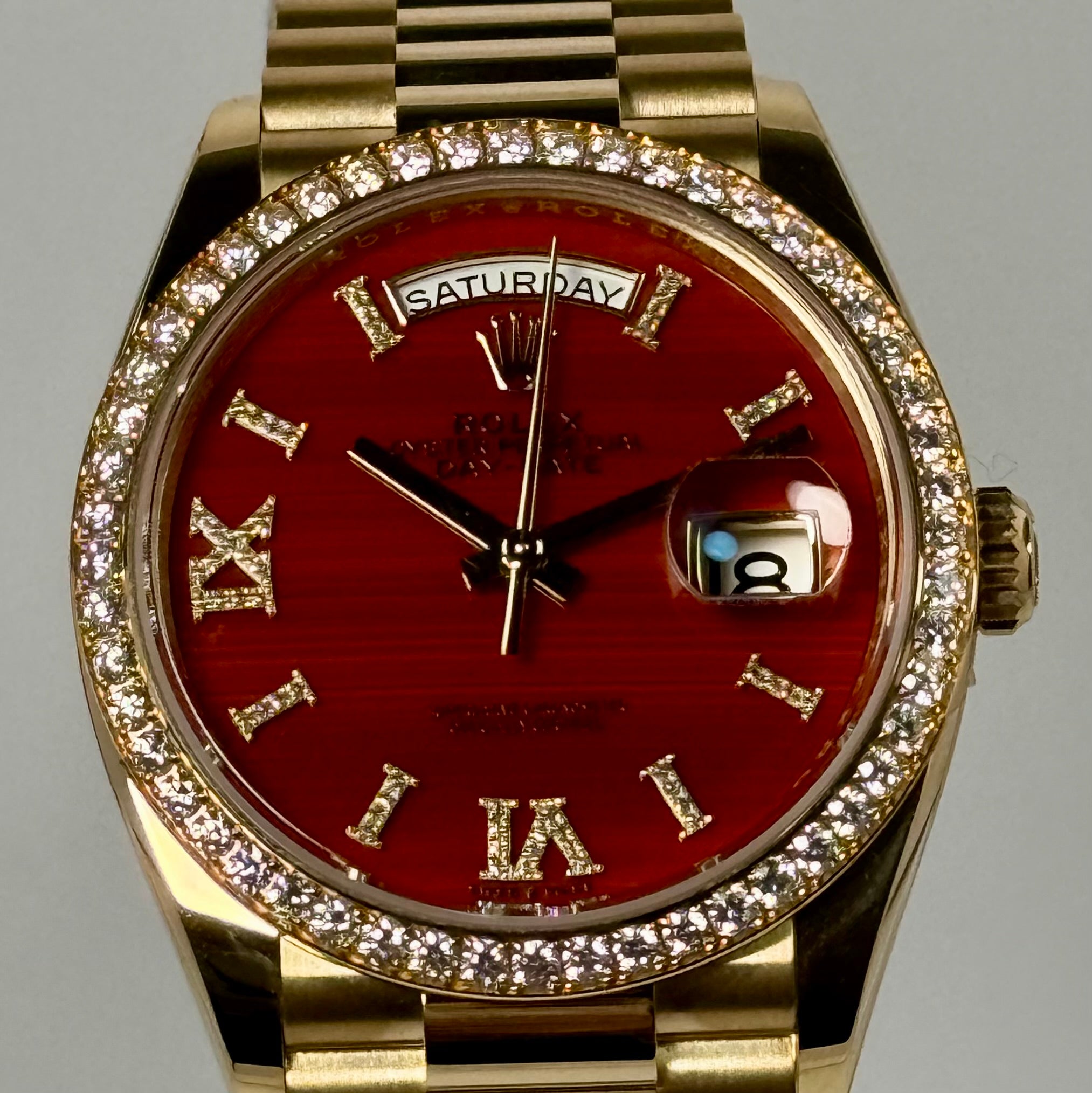 Rolex Day-Date 36 Carnelian Diamond Index Roman 9 Dial 128348rbr