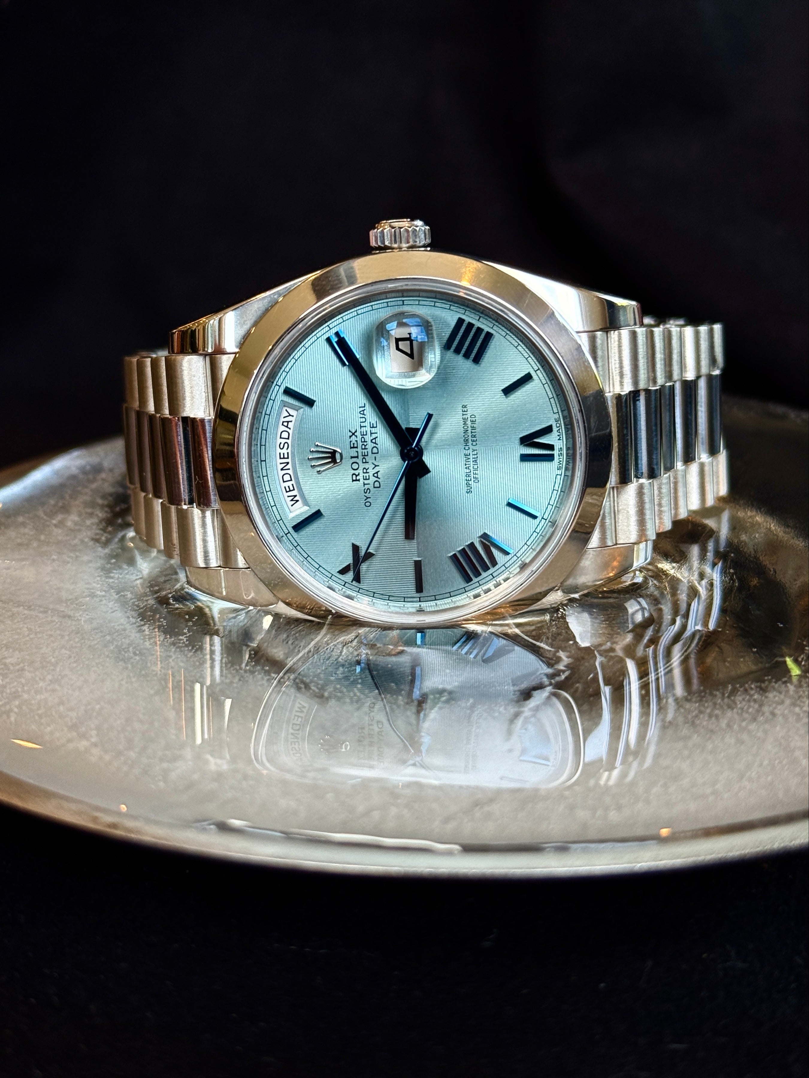 Pre-owned Rolex Day-Date 40 228206 | Platinum Ice Blue