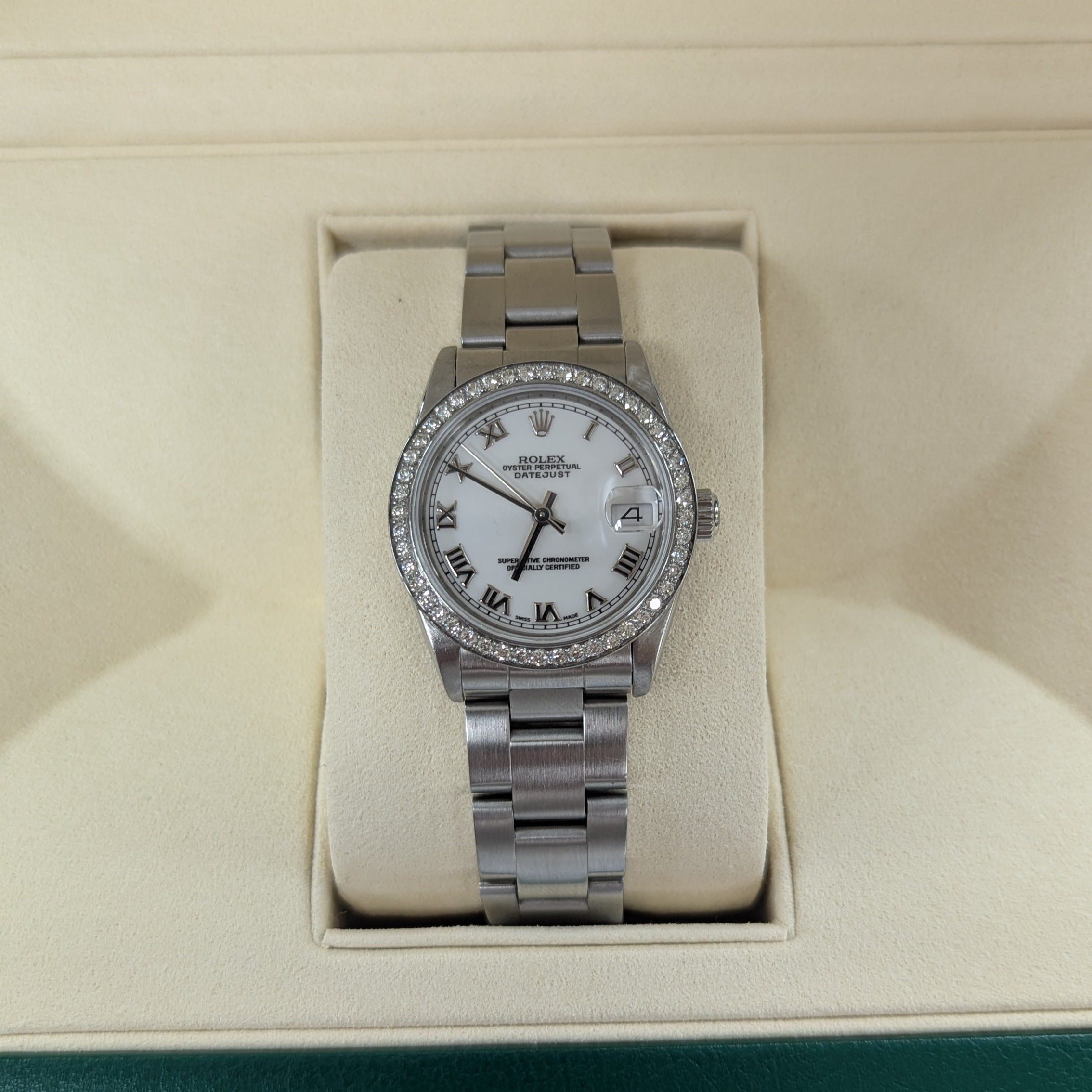 Rolex DateJust 31, White Roman Dial, Diamond Bezel (Ref. 68240)