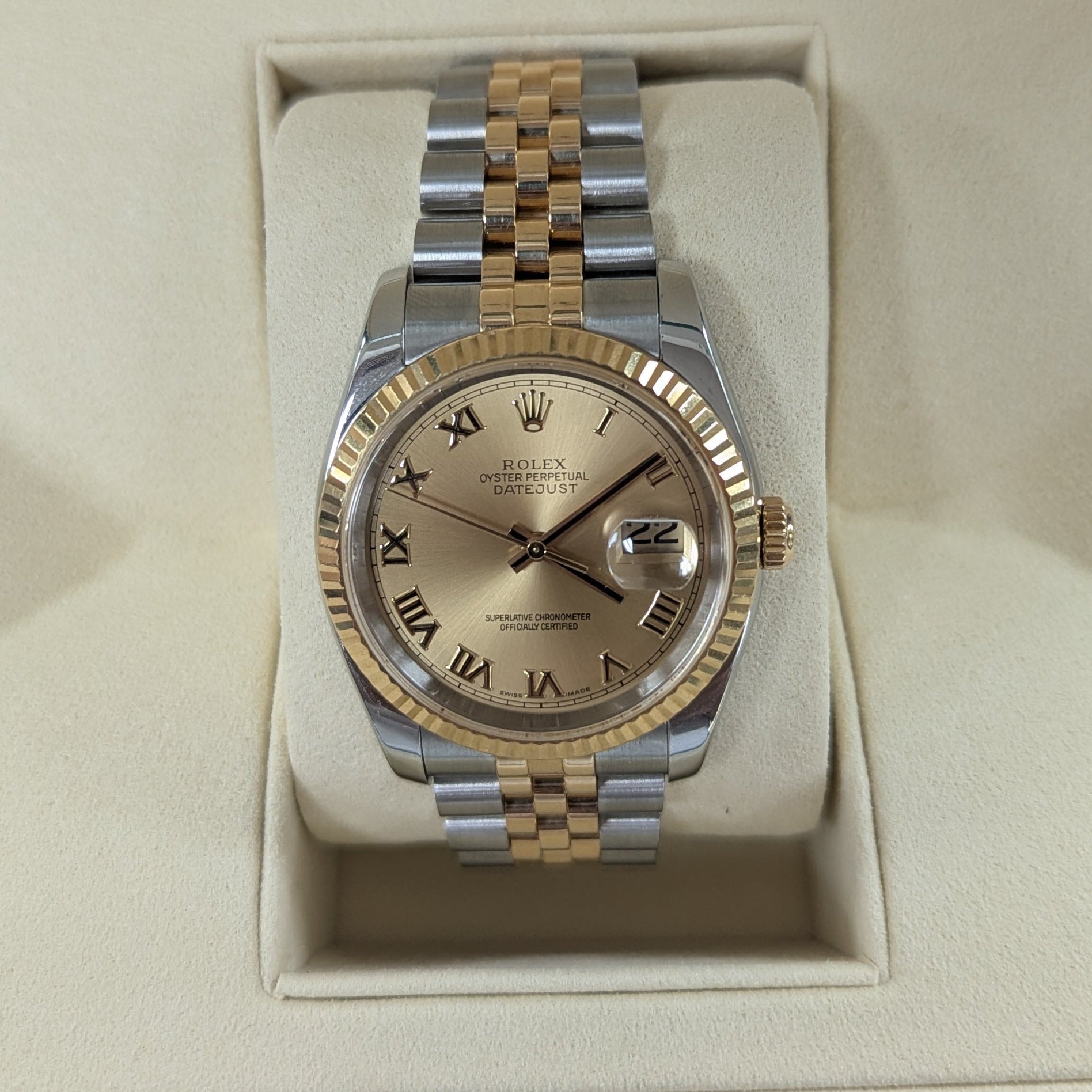 Rolex DateJust 36mm Two Tone, Champagne Roman Dial, Fluted Bezel (Ref. 116233)