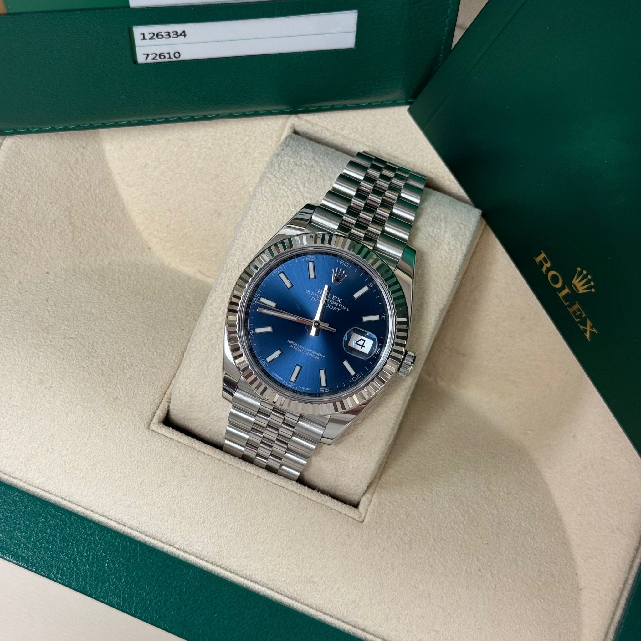 Rolex DateJust 41 Blue Stick, Stainless Steel/18k White Gold Fluted Bezel (Ref. 126334)