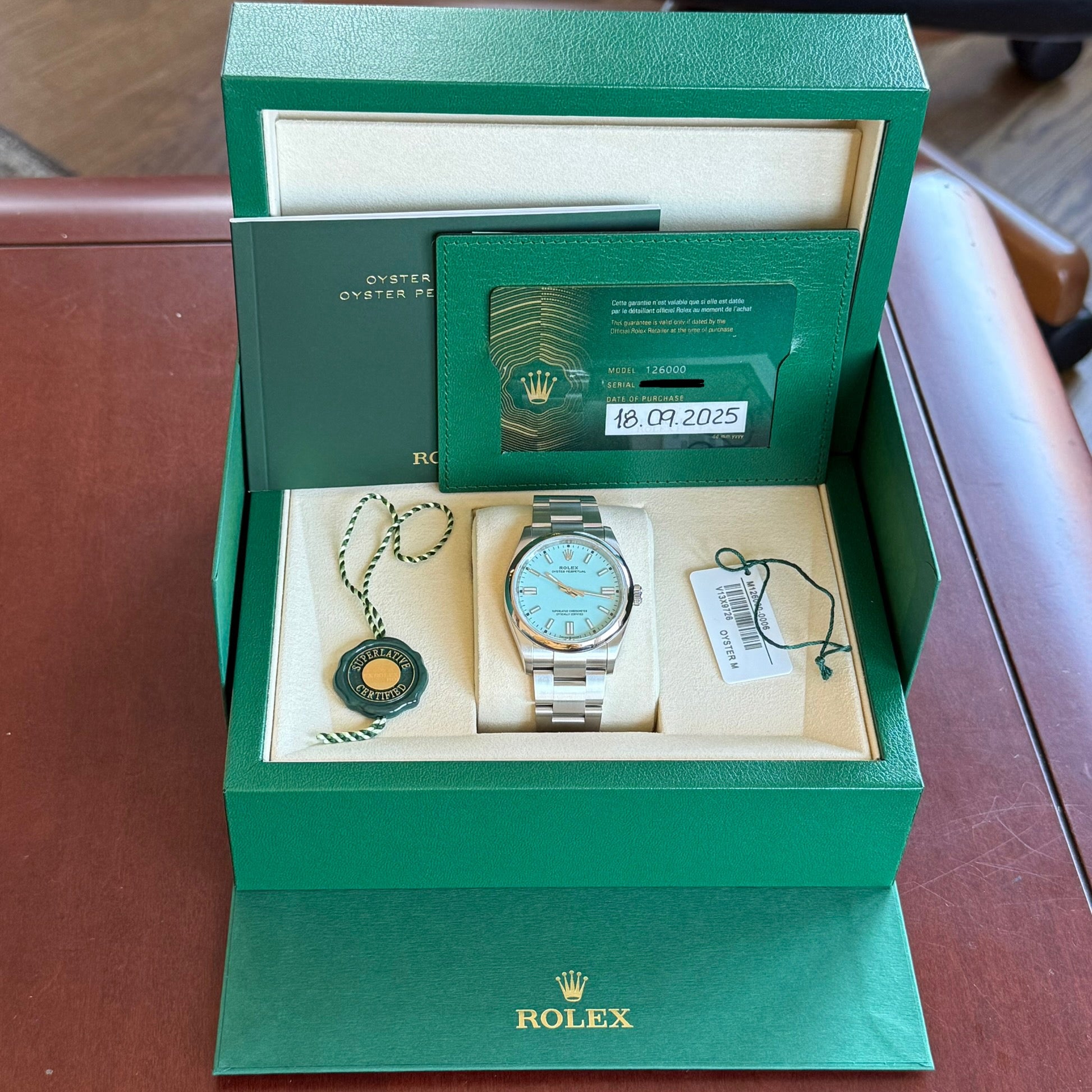 Rolex Oyster Perpetual 36 Turquoise Blue Index Dial 126000