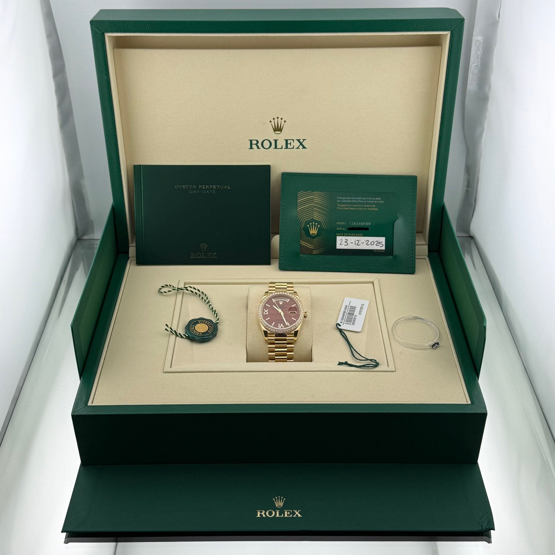 Rolex Day-Date 36 Carnelian Diamond Index Roman 9 Dial 128348rbr