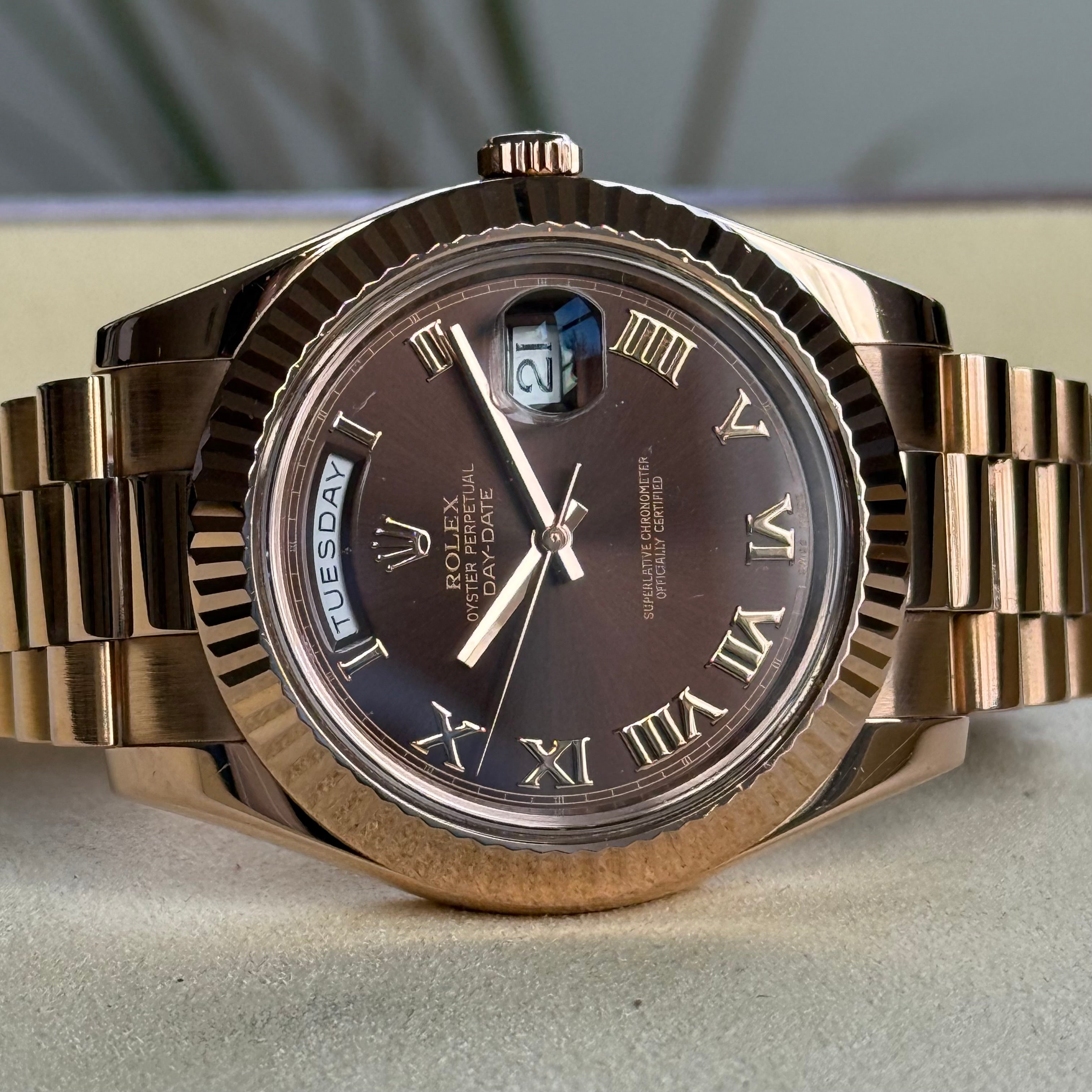Rolex Day Date II Chocolate Roman Dial 218235
